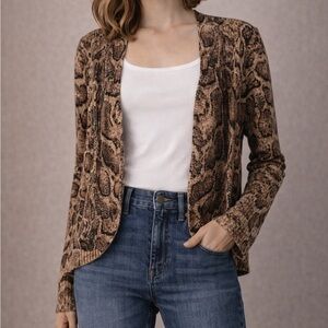 Neiman Marcus 100% Cashmere Animal Print Cardigan Brown Tan Snake Print Size M